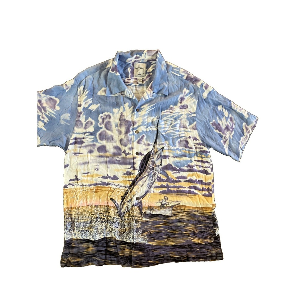 AFTCO Guy Harvey Shirt Mens 2x Blue Floral Hawaiian Sword Fish Aloha Button Up